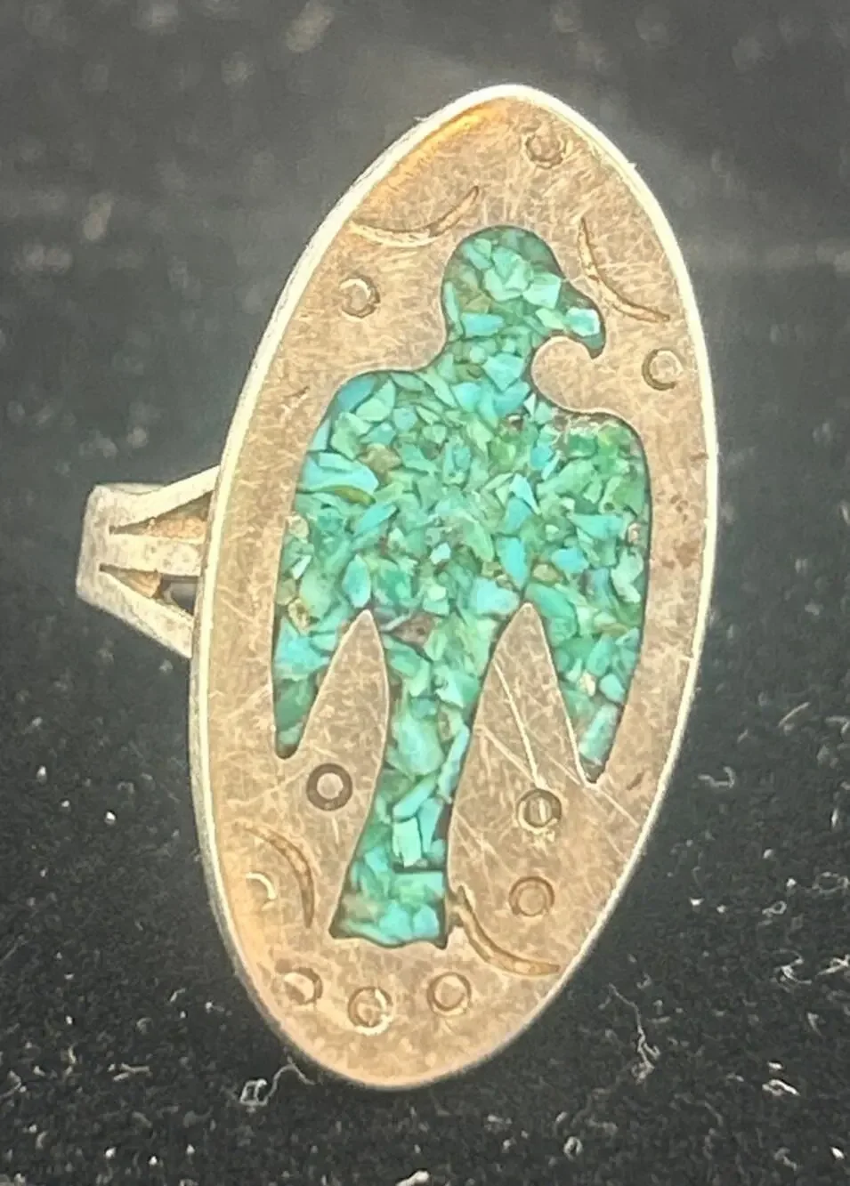 Vintage Navajo Sterling Silver Turquoise Chip Inlay Peyote Bird Waterbird Ring
